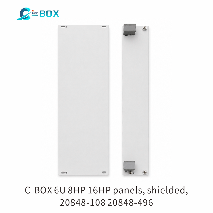 C-BOX Front Panel, U-profile, Refrofit Shielding, 6 U, 28 HP, 2.5 mm, Al, Front Anodized, Rear Conductive, catalog number 20848-120