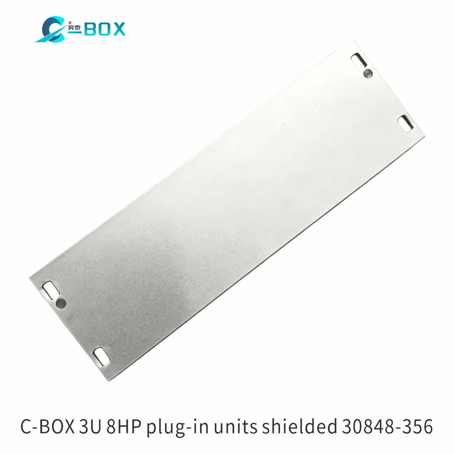C-BOX Front Panel, U-profile, Refrofit Shielding, 3 U, 8 HP, 2.5 mm, Al, Front Anodized, Rear Conductive, catalog number 30848-356