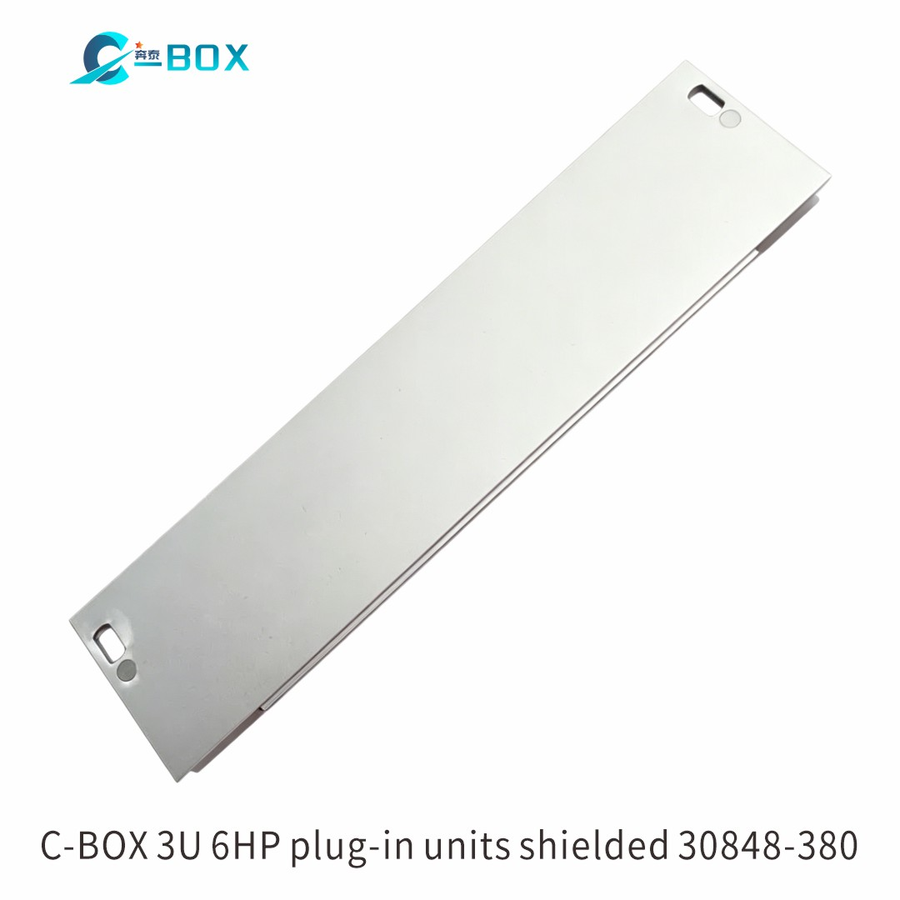 C-BOX Front Panel, U-profile, Refrofit Shielding, 3 U, 6 HP, 2.5 mm, Al, Front Anodized, Rear Conductive, catalog number 30848-380