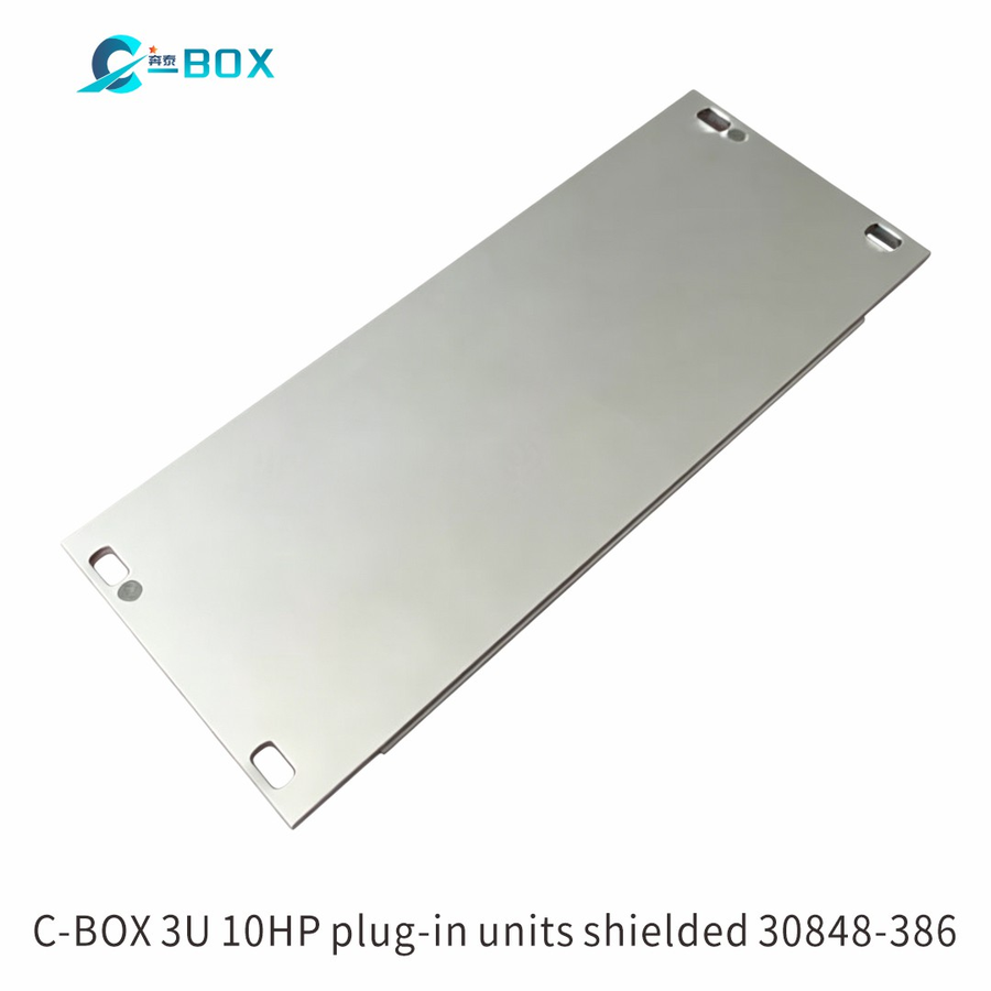 C-BOX Front Panel, U-profile, Refrofit Shielding, 3 U, 10 HP, 2.5 mm, Al, Front Anodized, Rear Conductive, catalog number 30848-386